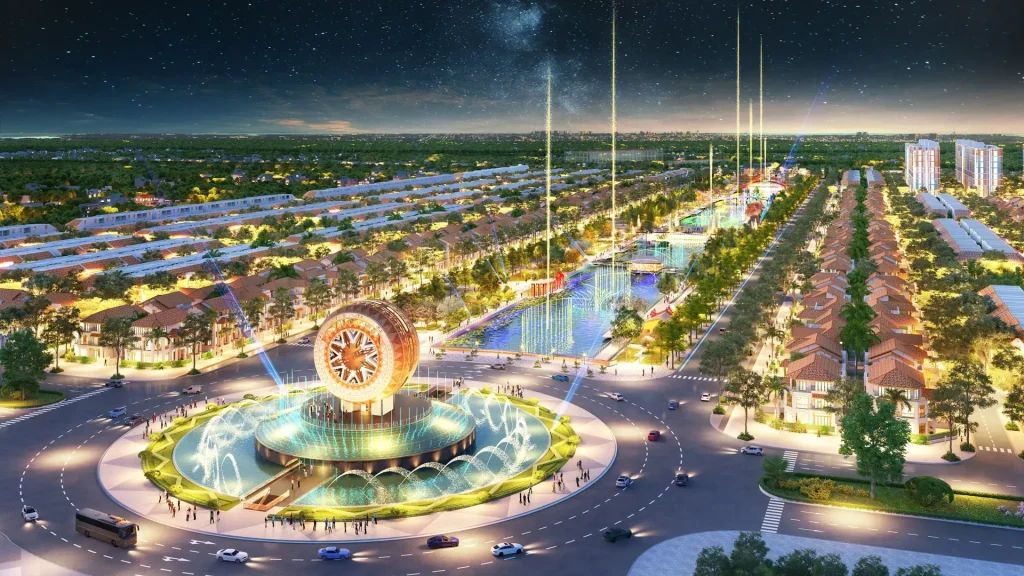 Tiện ích Sun Group Bắc Ninh - Chủ đầu tư Sun Group 3 Quảng trường trung tâm Sun Bắc Ninh rực rỡ với biểu tượng ánh sáng, nhạc nước và dãy shophouse sầm uất – điểm nhấn phồn hoa của đại đô thị