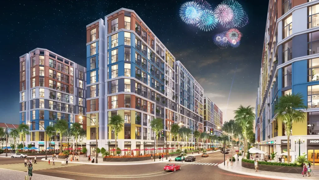 Sun Group Bắc Ninh 13 Không gian sống sôi động tại cao tầng Sun Bắc Ninh với tuyến phố thương mại nhộn nhịp, ánh sáng rực rỡ về đêm.